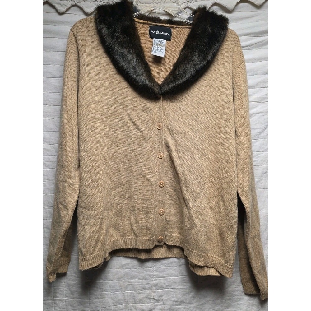 Sag Harbor‎ Vintage Tan Cardigan Sweater with Faux Fur Collar Womens Medium
